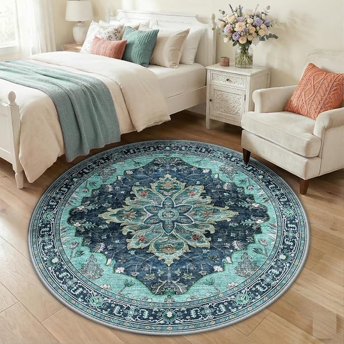 RELEANY Area Rugs Round 5ft Washable Non-Slip, Floral Vintage Distress by RELEANY