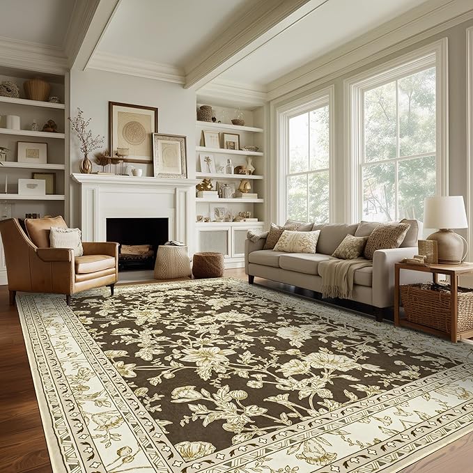 Extra Large Browm Area Rug for Living Room 10x14, Floral Dining Room Rugs for by BILEEHOME