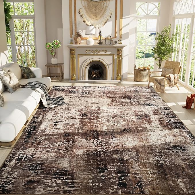 Ompaa Living Room Rug 8x10 Brown Area Rugs Machine Washable Abstract Coffee by OmpaaHomeDecor