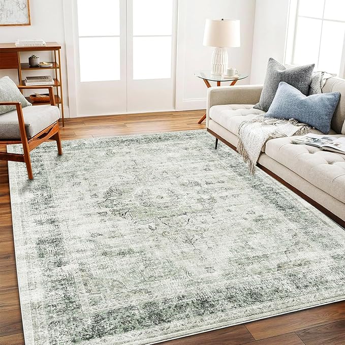 CHAMPLANT Area Rug 6'x9' Washable Floral Green Vintage Traditional Floor Cover by CHAMPLANT