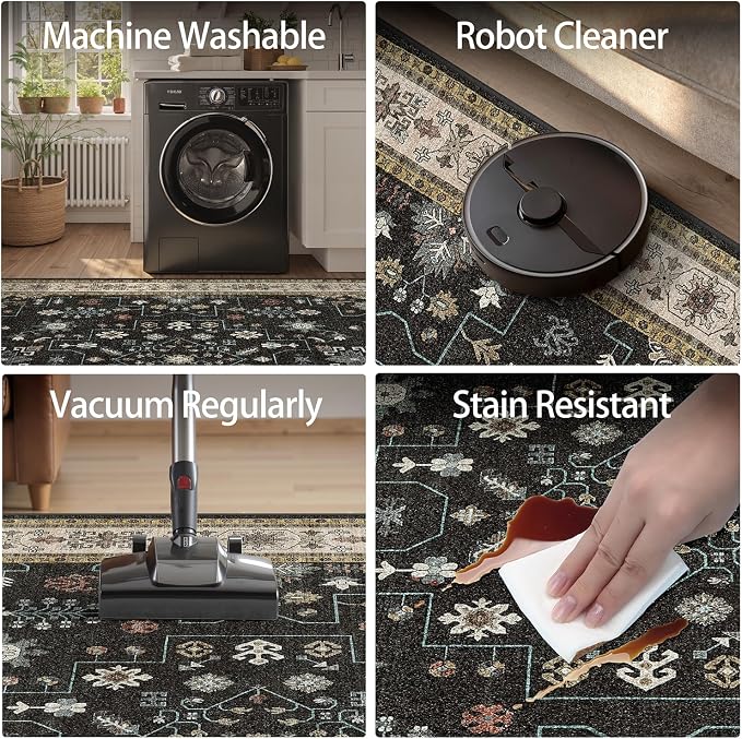 DCX Machine Washable Black Area Rug 9x12, Non Slip Stain Resistant Vintage Area - Image 6