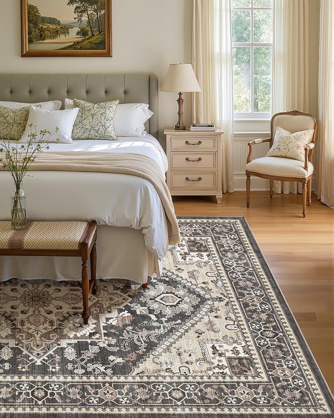 10x14 Vintage Area Rug: Washable Neutral Soft Non Slip Thin Large Floor Carpet - Image 4