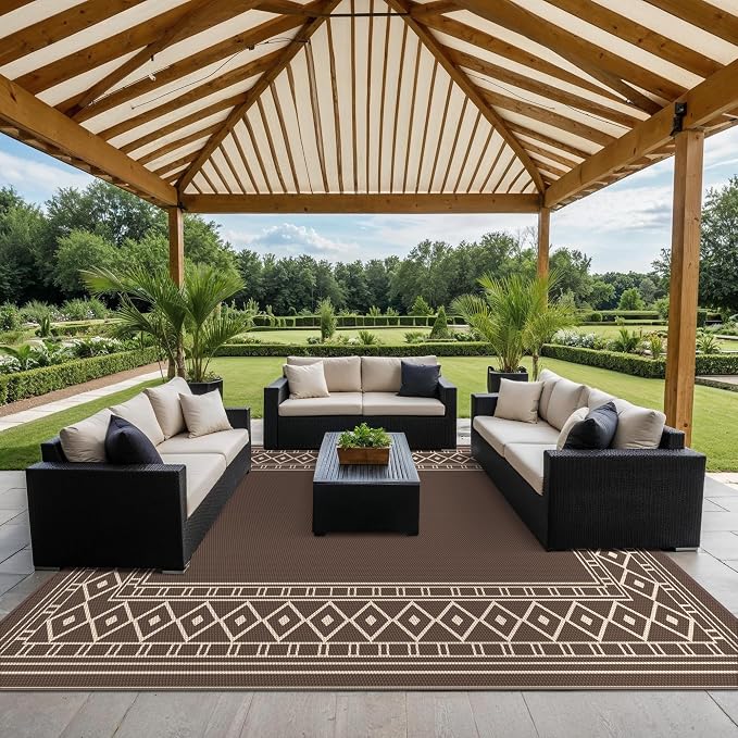 GENIMO Outdoor Rug Waterproof for Patio, Outside Area Mat for Rv, Coffee & Beige - Image 6