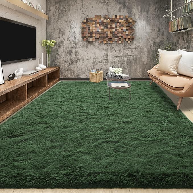 Tepook Fluffy Dark Green Rugs for Living Room Bedroom, 8x10 Soft Area Rug by Tepook