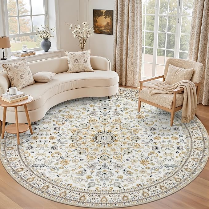 Round Area Rug for Living Room: 6ft Washable Vintage Boho Soft Thin Circle Rug by EXPEDIX