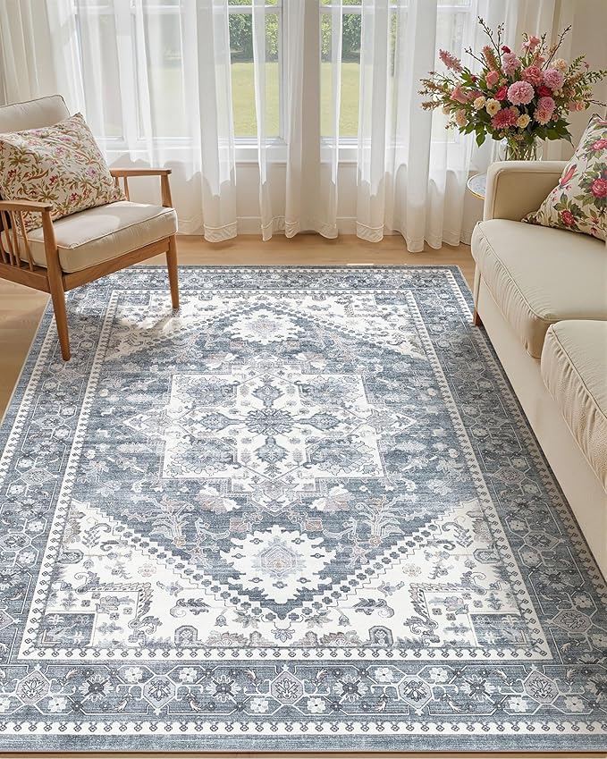 5x7 Vintage Area Rug: Washable Neutral Soft Non Slip Thin Large Floor Carpet by MICGEEK