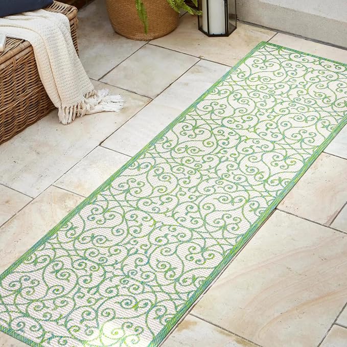 JONATHAN Y Vintage Filigree Indoor Outdoor Runner Rug 2X8 Cream/Green, Madrid - Image 3