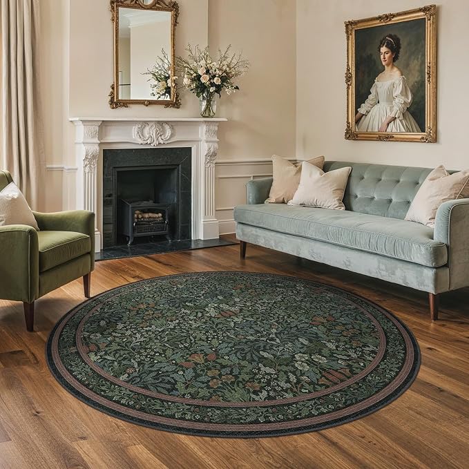 GENIMO Washable 5ft Circle Rug, Vintage Dark Green Floral Round Carpet - Image 2