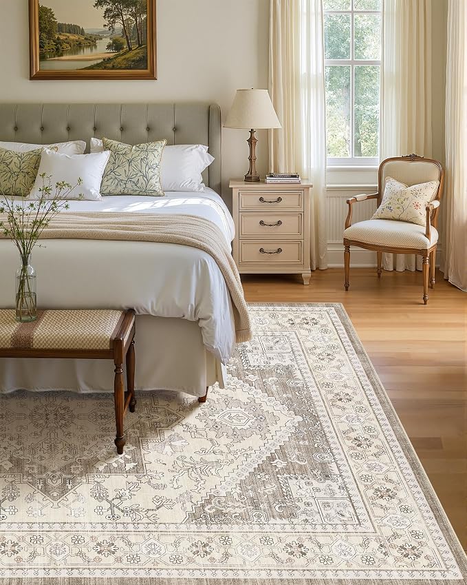 10x12 Vintage Area Rug: Washable Neutral Soft Non Slip Thin Large Floor Carpet - Image 3