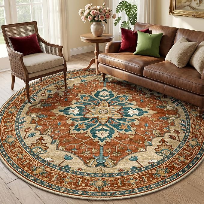 RELEANY Area Rugs Round 6ft Washable Non-Slip, Floral Vintage Distress - Image 2