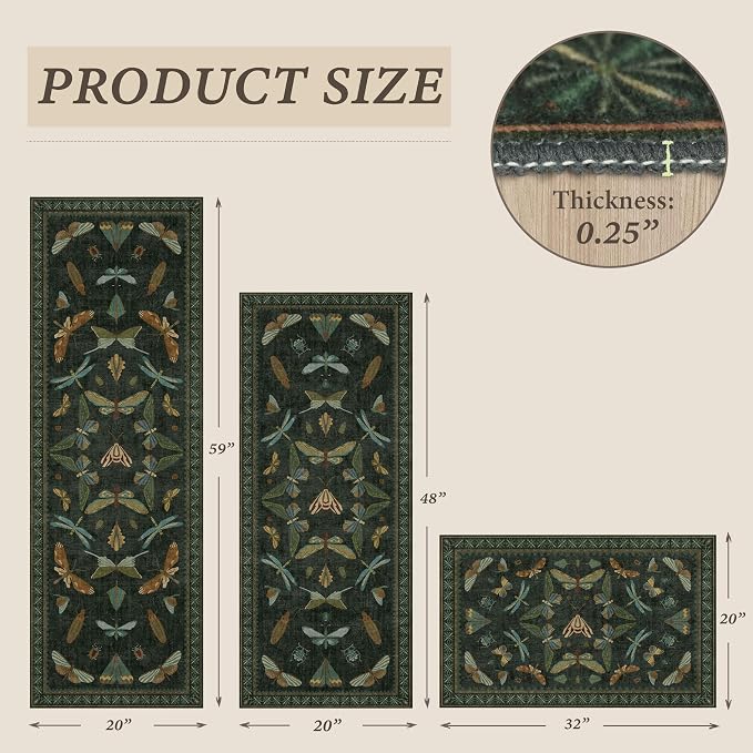 JTJ Botanical Insect Kitchen Rug Set of 3, Dark Green Nature Inspired Floor Mats - Image 2