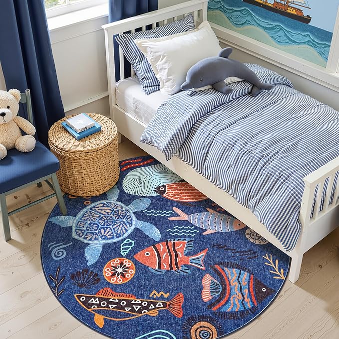 jinchan 5ft Coastal Round Rug Kids Washable Fun Rug Colorful Ocean Fish Floor - Image 2