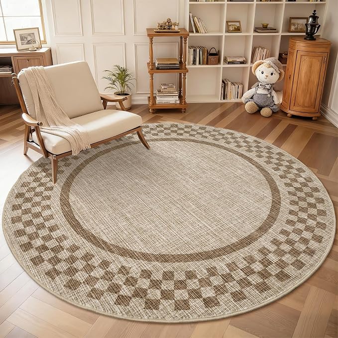 6ft Washable Round Rug for Entryway Modern Checkered Bedroom Circle Rug Non - Image 2