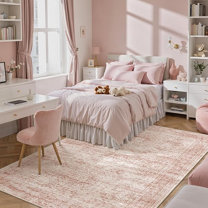 Soalmost 5x7 Area Rugs Pink Low Pile Indoor Washable Trendy Faded Style Rugs - Image 8