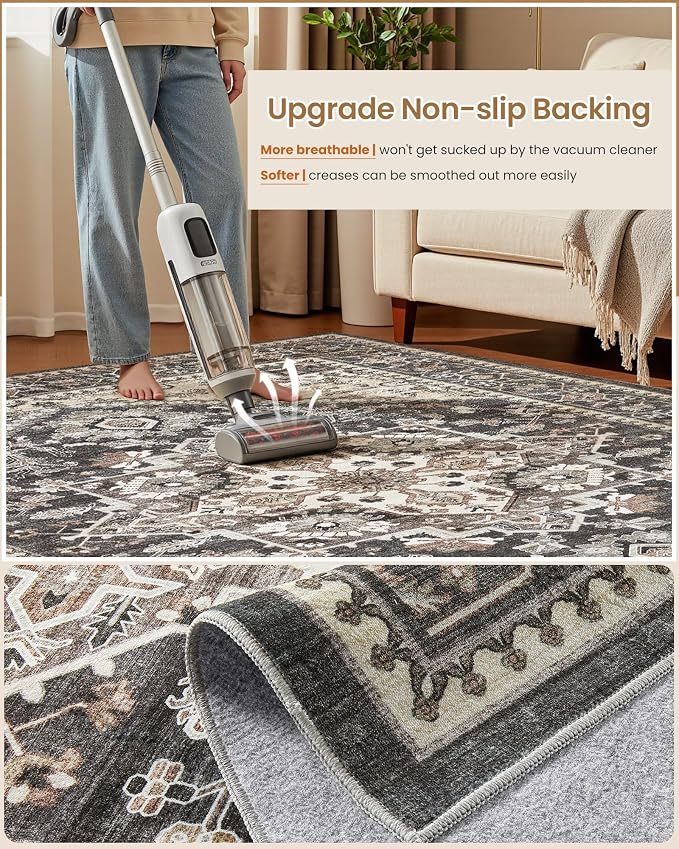 10x12 Vintage Area Rug: Washable Neutral Soft Non Slip Thin Large Floor Carpet - Image 5