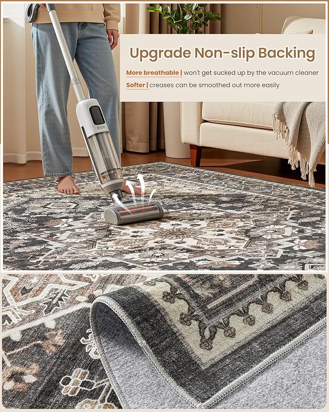 9x12 Vintage Area Rug: Washable Neutral Soft Non Slip Thin Large Floor Carpet - Image 5