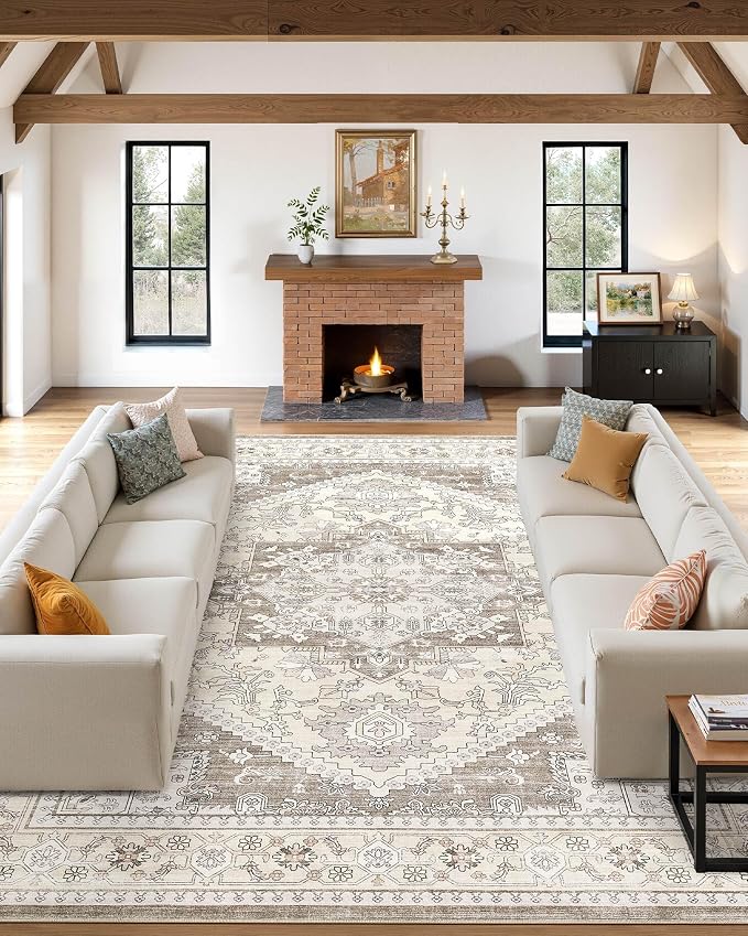 10x14 Vintage Area Rug: Washable Neutral Soft Non Slip Thin Large Floor Carpet by MICGEEK