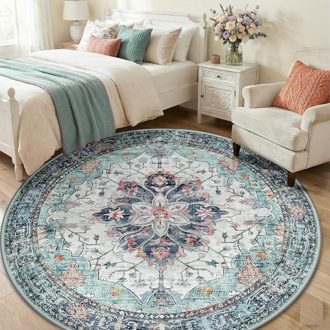 RELEANY Area Rugs Round 6ft Washable Non-Slip, Floral Vintage Distress - Image 3