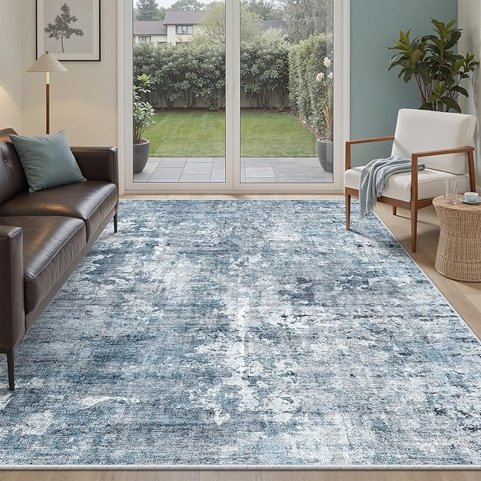 Soalmost Abstract Rug 5x7 Machine Washable Area Indoor Blue Low Pile Non-Slip by Soalmost