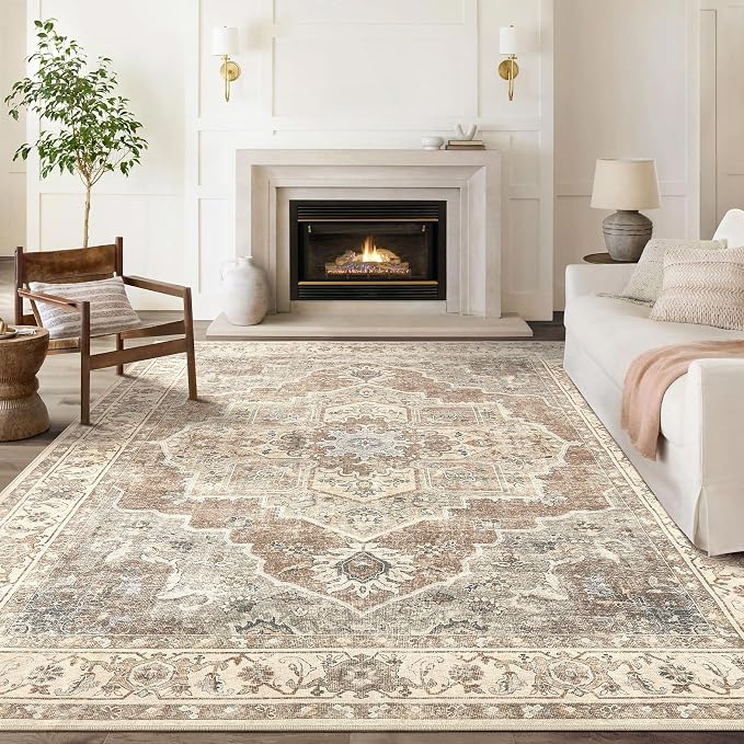 10x14 Washable Area Rug: Vintage Neutral Soft Non Slip Thin Large Floor Carpet - Image 2