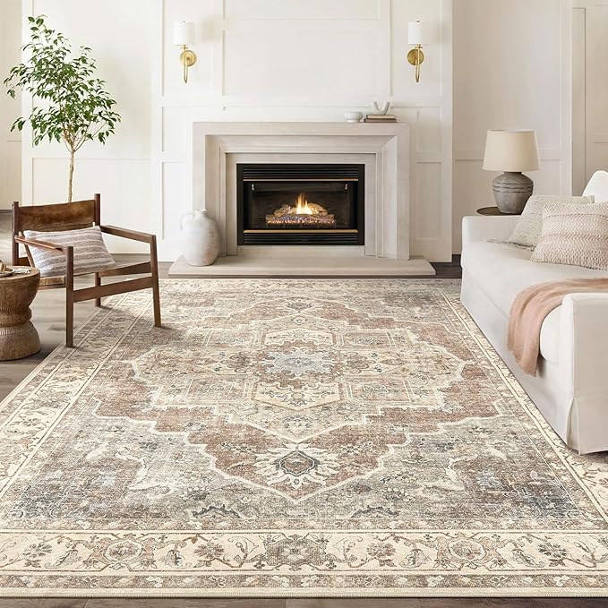 10x12 Washable Area Rug: Vintage Neutral Soft Non Slip Thin Large Floor Carpet - Image 2