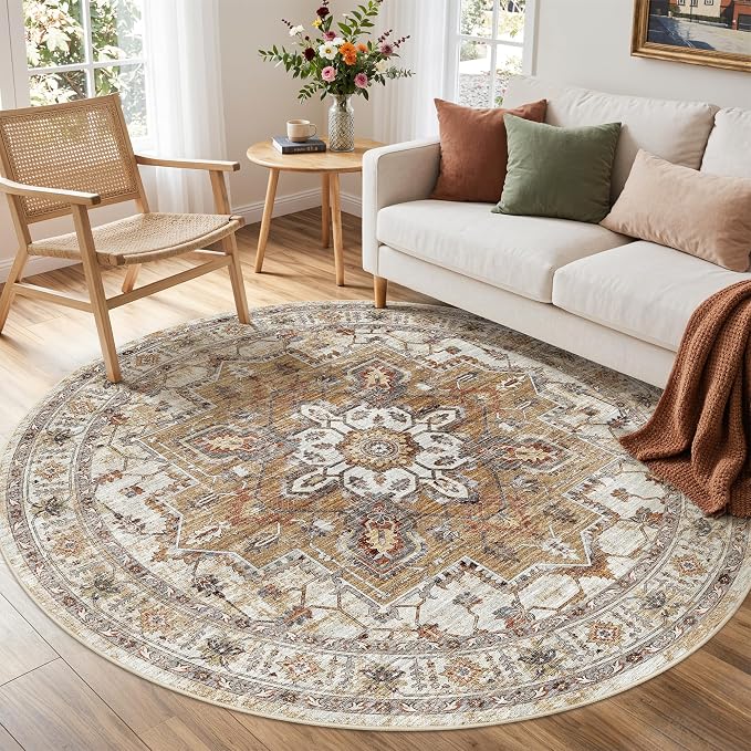 Madane Washable 5ft Circle Round Rug, 5x5 Circular Rugs Non-Slip Vintage Area by Madane