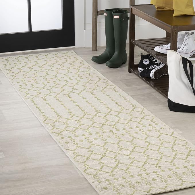 JONATHAN Y Moroccan Geometric Indoor Outdoor Runner Rug 2X8 Cream/Green by JONATHANY