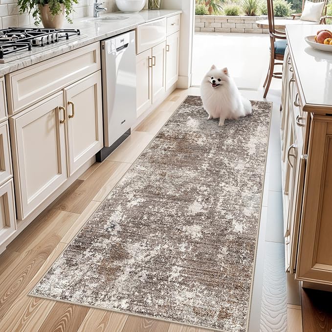 3x7 Kitchen Runner Rug – Washable Non-Slip Modern Abstract Neutral Carpet by BYYVOORugsforYourHome