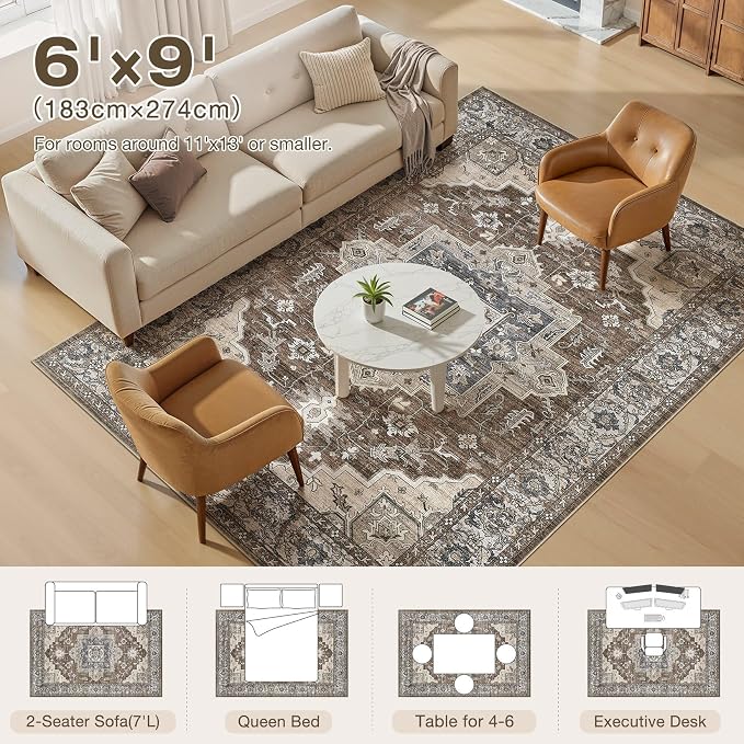 6x9 Area Rugs Living Room: Washable Vintage Rug Large Non-Slip Stain Resistant - Image 8