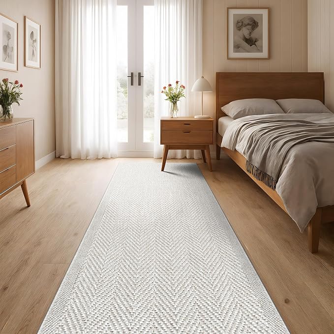 CAMILSON Indoor and Outdoor Runner Rug Off-White Herringbone Seagrass Boho - Image 4