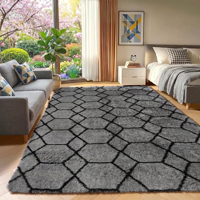 ONASAR 5x7 Area Rugs for Living Room Bedroom, Fluffy Grey and Black Throw Rug - Image 6