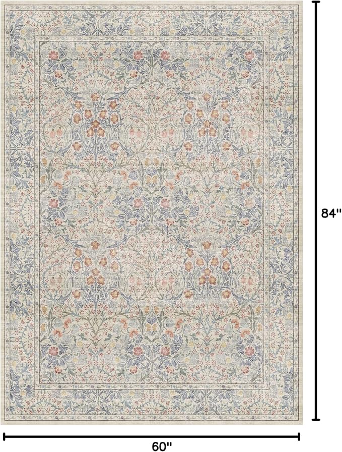 Beige Blue Living Room Rug 5x7, Cottage Area Rug - Image 2