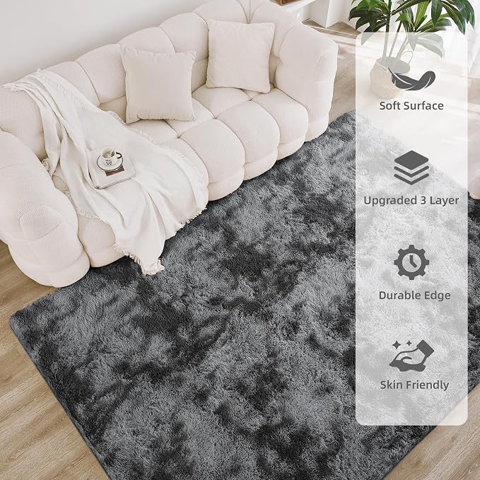 Litanika 5x8 Shag Area Rug for Living Room Bedroom, Tie-Dyed Dark Grey High - Image 4