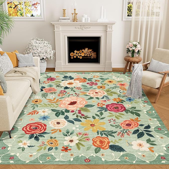DUKINO 5x8 Area Rug for Living Room, Washable Lightweight Non Slip Floral by DUKINO