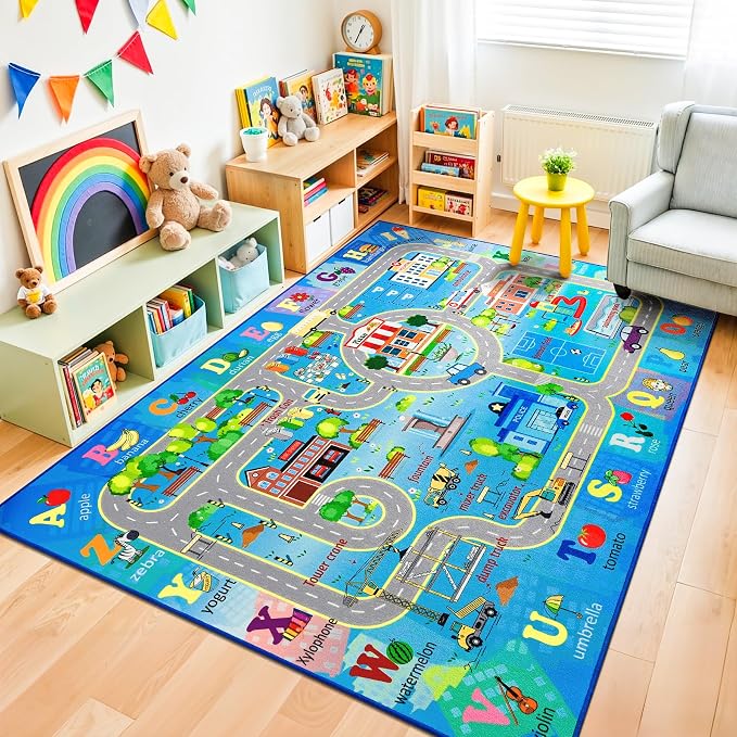 Chicrug 9x12 Car Road Area Rug for Kids Playroom Bedroom, Non Slip Low Pile - Image 2