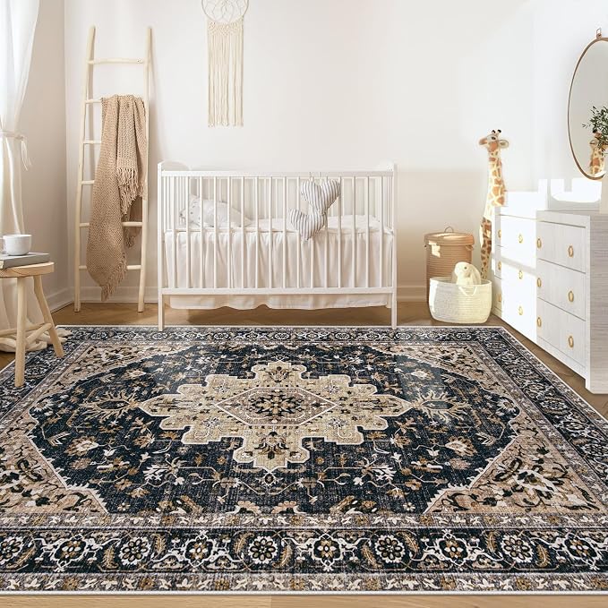Area Rugs 5x7 Vintage Rug: Washable Living Room Rug Retro Medallion Distressed - Image 3