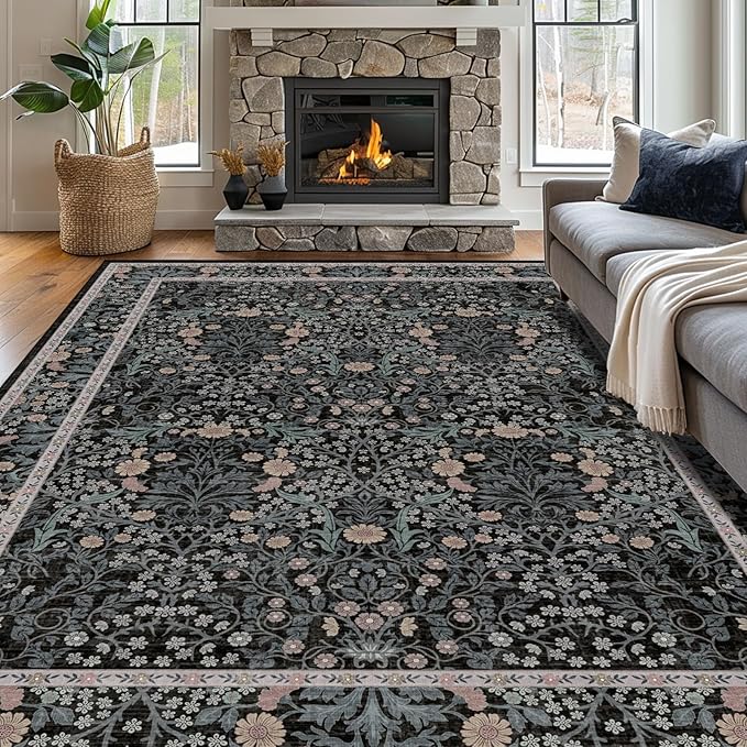 Vintage Black Living Room Rug, 9x12 Washable Area Rugs - Image 2