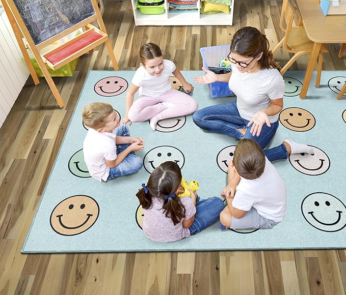 Flagship Carpets Pastel Rainbow Smileys Criss-Cross Applesauce Educational Area - Image 2