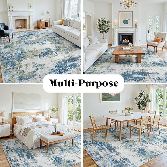 Area Rug 6x9 Living Room Rug Washable: No-Slip Abstract Soft Thin Large Blue - Image 9