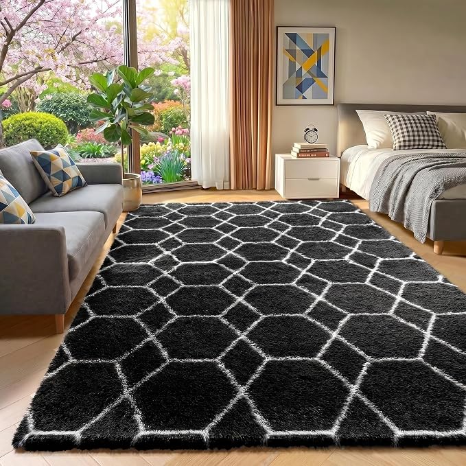 ONASAR 5x7 Area Rugs for Living Room Bedroom, Fluffy Black and White Rug - Image 5