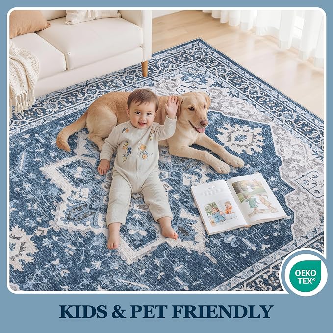 5x7 Area Rugs for Living Room:Blue Washable Vintage Medallion Boho Rug Non-Slip - Image 5