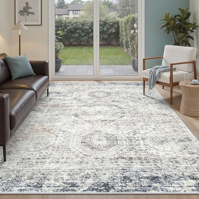Soalmost 5x8 Area Rugs Blue Ivory Low Pile Indoor Washable Trendy Faded Style - Image 2