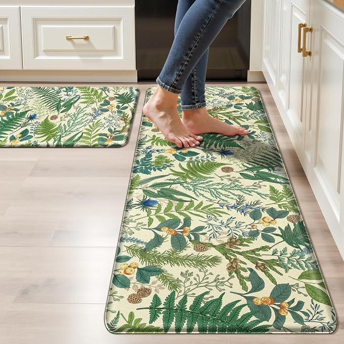 Beige Green Botanical Kitchen Rugs Set of 2 Plant Leaf Anti-Fatigue Kitchen Mat by Keensoft