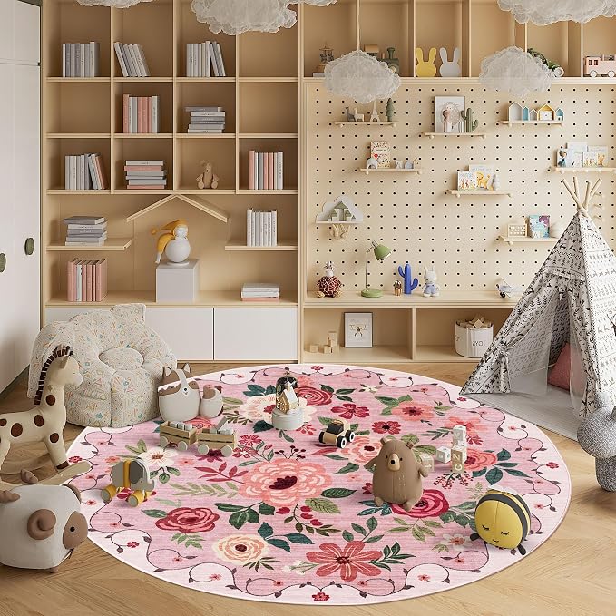 DUKINO Floral Round Rug, 6ft Washable Circle Rug, Non Slip Indoor Low Pile - Image 7