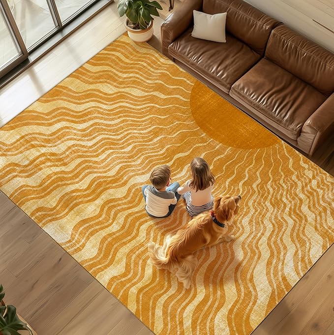 Washable 5x7 Sun Area Rug for Living Room, Retro Brown Sun Modern Boho Large by GOGINNY