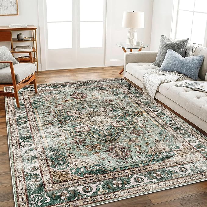 CHAMPLANT Washable Area Rug 5'x7' Green Retro Boho Chic Medallion Distressed by CHAMPLANT