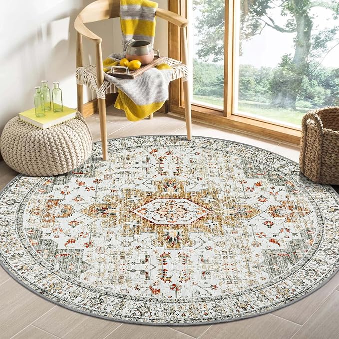 Moynesa Washable Round Rug 4ft, Vintage Medallion Area Rug Distressed Neutral by Moynesa