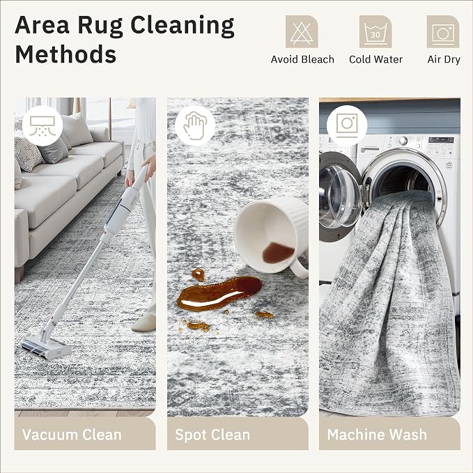 Soalmost 5x8 Area Rugs Grey Low Pile Indoor Washable Trendy Faded Style Rugs - Image 9