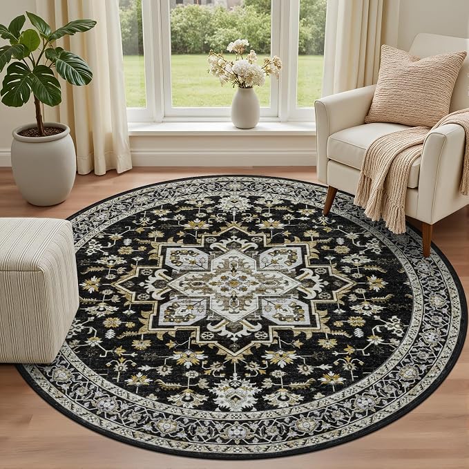 Round Area Rug for Living Room: 4 ft Washable Vintage Boho Soft Thin Circle Rug - Image 2