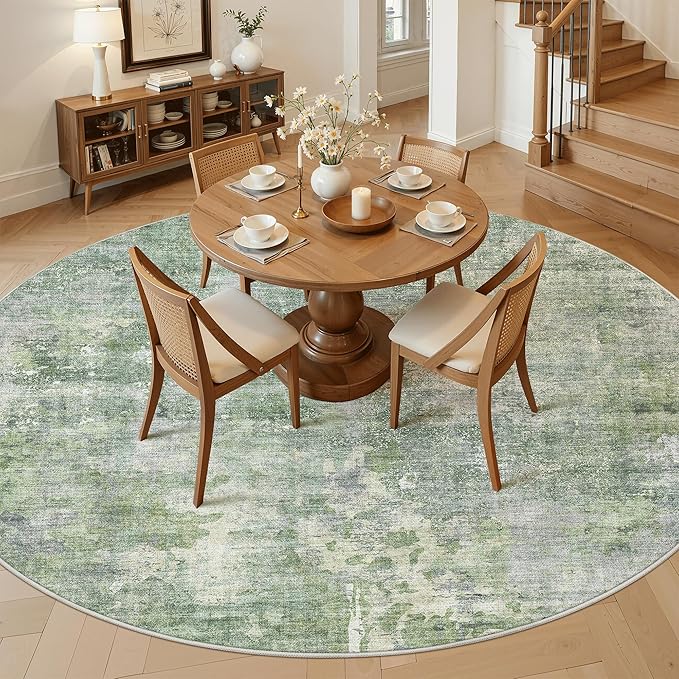 Soalmost 9x9 Green/Ivory Round Rug 9ft Living Room Circle Rug Vintage Round - Image 4
